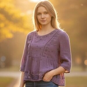 Purple Embroidered Peasant Boho Tunic Top 3/4 Sleeve Round Neck Relaxed Fit Sz S